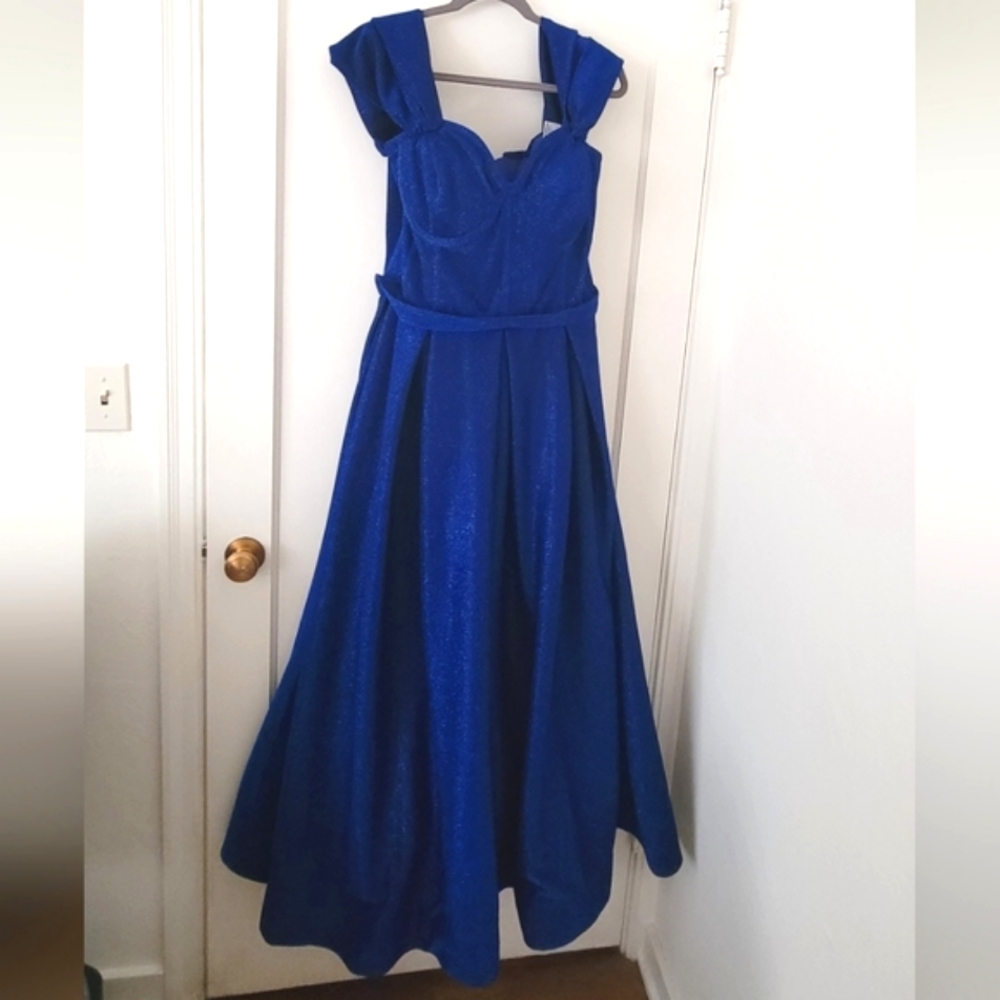 Navy Blue Off Shoulder Sparkly Bridesmaid Dress Evening Gown